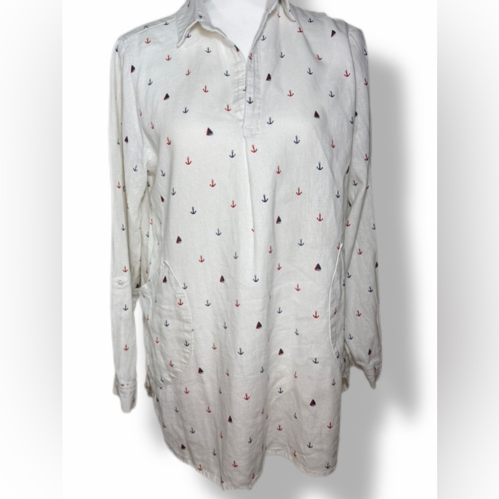 Sigrid Olsen Nautical Coastal Style Sailboat Anchor Popover Tunic Size Medium